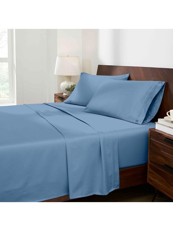 Egyptian Cotton 4 Piece Sheet Set, Luxury 1500 Thread Count, Modern Design, Sustainable Sheets, Ultra-Soft Basics, Solid, Deep Pocket Fitted Sheet, Flat Sheet, Pillowcases, King, Medium Blue