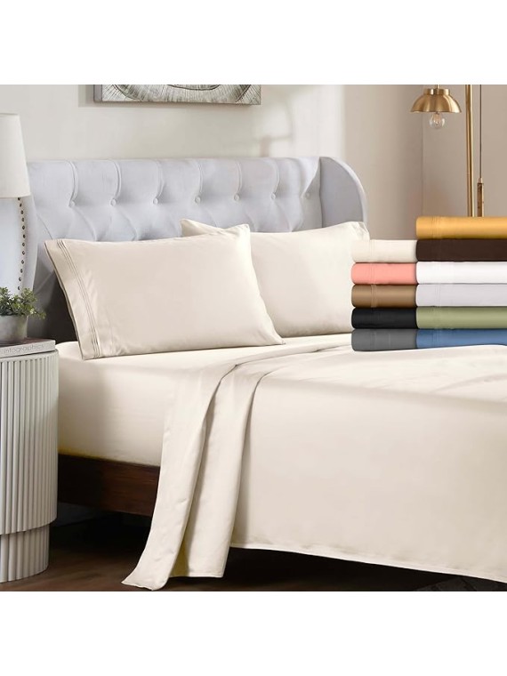 Egyptian Cotton 4 Piece Sheet Set, Luxury 1500 Thread Count, Modern Design, Sustainable Sheets, Ultra-Soft Basics, Solid, Deep Pocket Fitted Sheet, Flat Sheet, Pillowcases, King, Medium Blue
