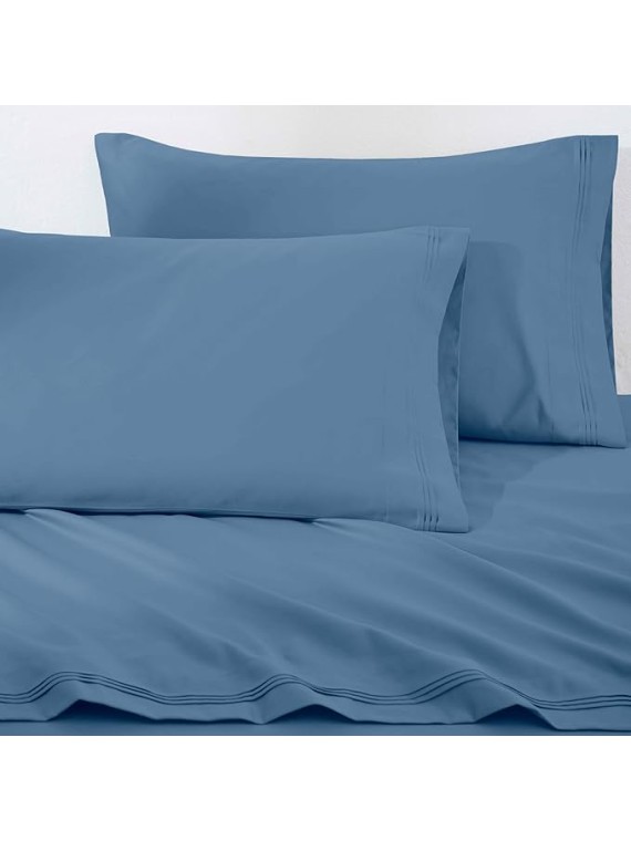Egyptian Cotton 4 Piece Sheet Set, Luxury 1500 Thread Count, Modern Design, Sustainable Sheets, Ultra-Soft Basics, Solid, Deep Pocket Fitted Sheet, Flat Sheet, Pillowcases, King, Medium Blue
