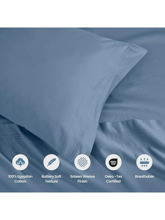 Egyptian Cotton 4 Piece Sheet Set, Luxury 1500 Thread Count, Modern Design, Sustainable Sheets, Ultra-Soft Basics, Solid, Deep Pocket Fitted Sheet, Flat Sheet, Pillowcases, King, Medium Blue