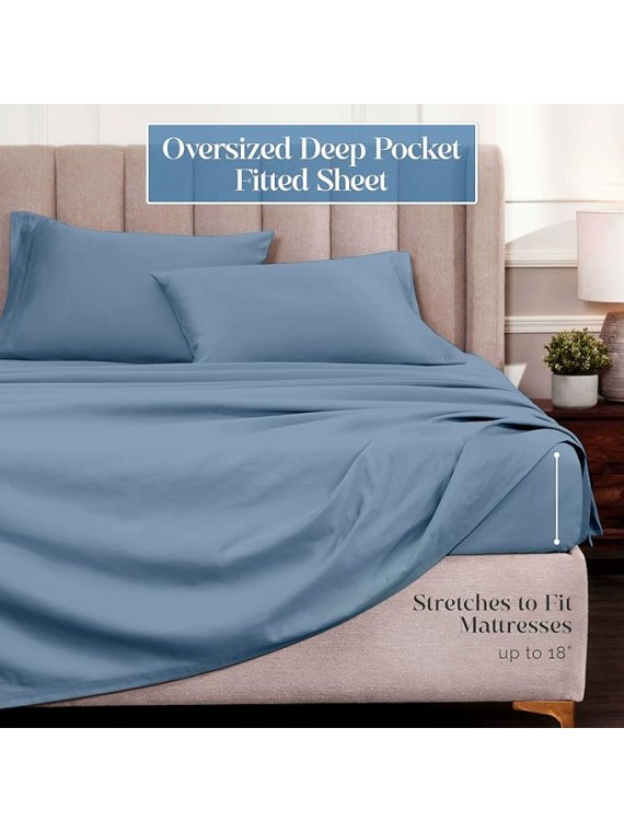 Egyptian Cotton 4 Piece Sheet Set, Luxury 1500 Thread Count, Modern Design, Sustainable Sheets, Ultra-Soft Basics, Solid, Deep Pocket Fitted Sheet, Flat Sheet, Pillowcases, King, Medium Blue