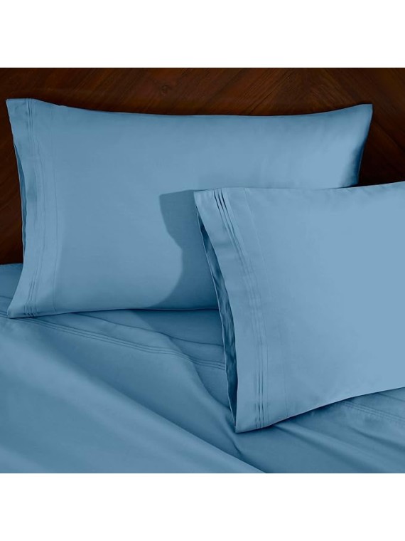 Egyptian Cotton 4 Piece Sheet Set, Luxury 1500 Thread Count, Modern Design, Sustainable Sheets, Ultra-Soft Basics, Solid, Deep Pocket Fitted Sheet, Flat Sheet, Pillowcases, King, Medium Blue