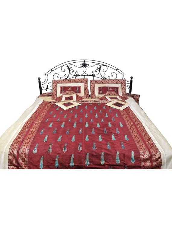 Seven-Piece Banarasi Bedspread with Floral Weave and Embroidered Paisleys - Art Silk with Pillow Cas - Color Red Ochre Color