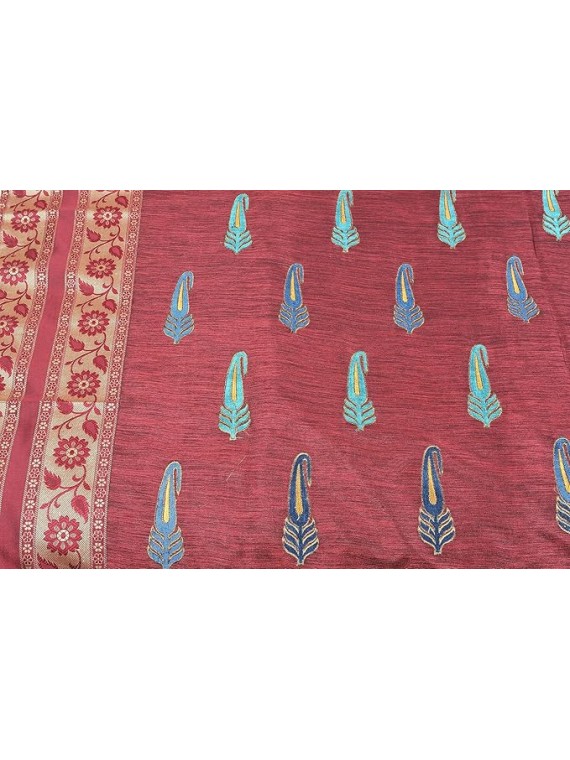 Seven-Piece Banarasi Bedspread with Floral Weave and Embroidered Paisleys - Art Silk with Pillow Cas - Color Red Ochre Color