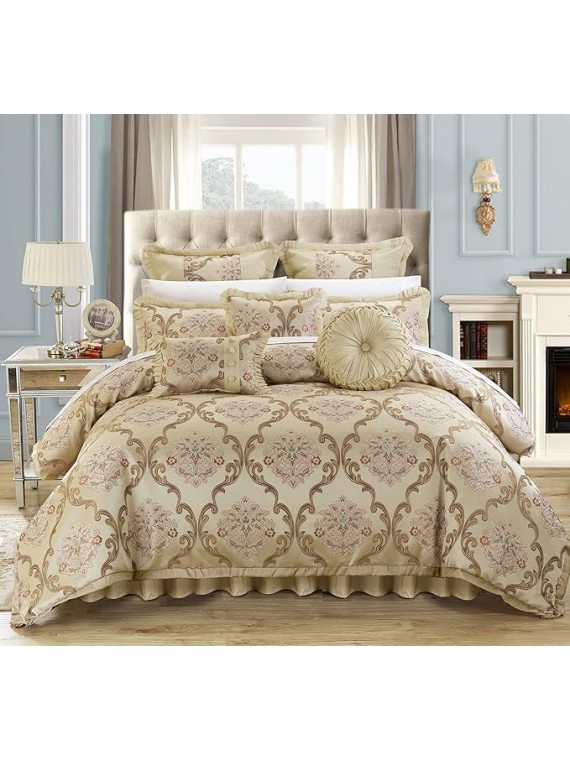 Aubrey King Size Comforter Set with Bed Skirt, Shams and 3 Decorative Pillows - Jacquard Bed Comforter King with Hypoallergenic Fill (Beige)