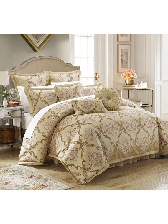 Aubrey King Size Comforter Set with Bed Skirt, Shams and 3 Decorative Pillows - Jacquard Bed Comforter King with Hypoallergenic Fill (Beige)