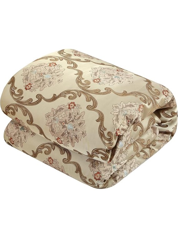 Aubrey King Size Comforter Set with Bed Skirt, Shams and 3 Decorative Pillows - Jacquard Bed Comforter King with Hypoallergenic Fill (Beige)