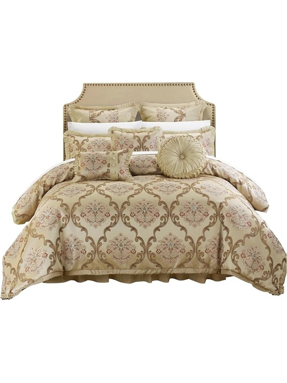 Aubrey King Size Comforter Set with Bed Skirt, Shams and 3 Decorative Pillows - Jacquard Bed Comforter King with Hypoallergenic Fill (Beige)