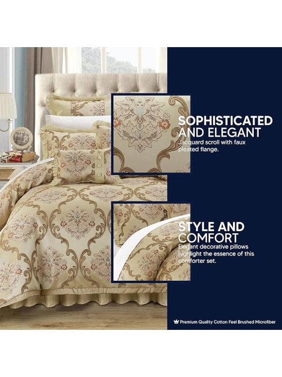 Aubrey King Size Comforter Set with Bed Skirt, Shams and 3 Decorative Pillows - Jacquard Bed Comforter King with Hypoallergenic Fill (Beige)