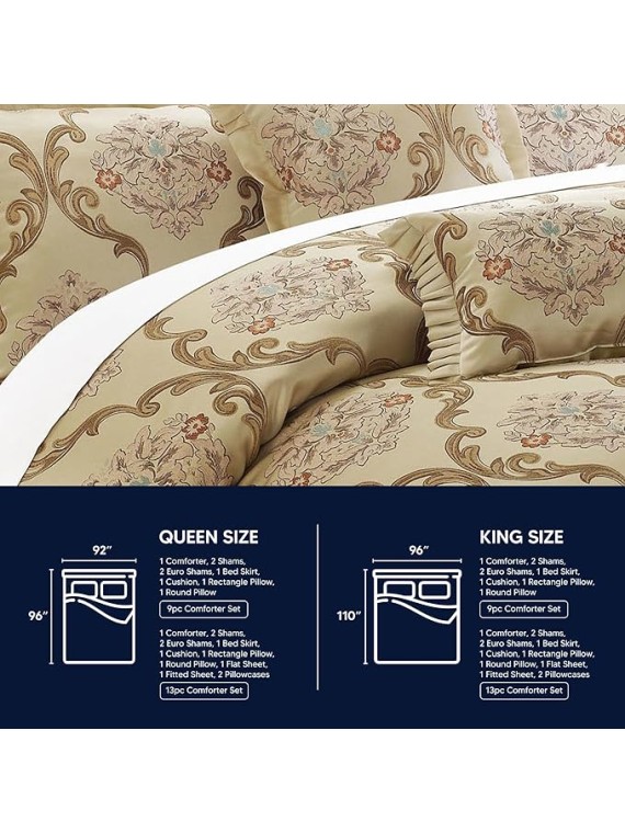 Aubrey King Size Comforter Set with Bed Skirt, Shams and 3 Decorative Pillows - Jacquard Bed Comforter King with Hypoallergenic Fill (Beige)
