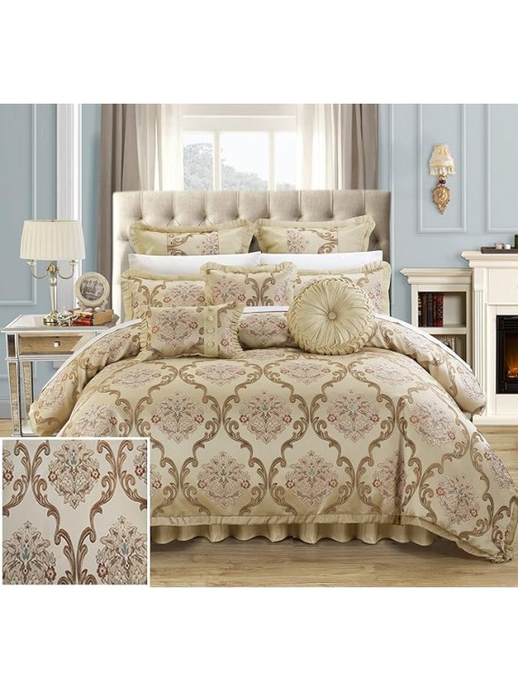 Aubrey King Size Comforter Set with Bed Skirt, Shams and 3 Decorative Pillows - Jacquard Bed Comforter King with Hypoallergenic Fill (Beige)