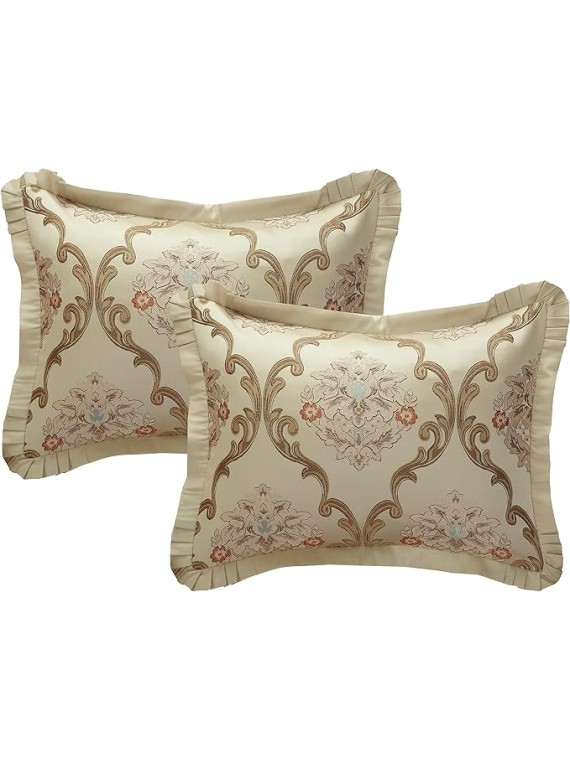 Aubrey King Size Comforter Set with Bed Skirt, Shams and 3 Decorative Pillows - Jacquard Bed Comforter King with Hypoallergenic Fill (Beige)