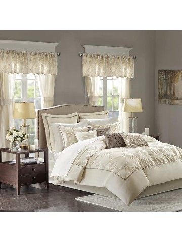 Essentials Room in a Bag Faux Silk Comforter Set - Luxe Diamond Tufting All Season Bedding, Matching Curtains, Decorative Pillows, Ivory Cal King(104"x92") 24 Piece