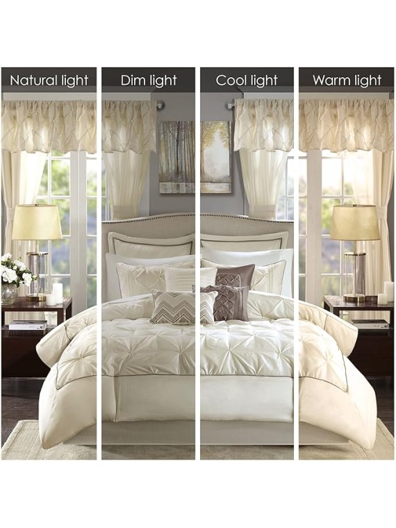 Essentials Room in a Bag Faux Silk Comforter Set - Luxe Diamond Tufting All Season Bedding, Matching Curtains, Decorative Pillows, Ivory Cal King(104"x92") 24 Piece