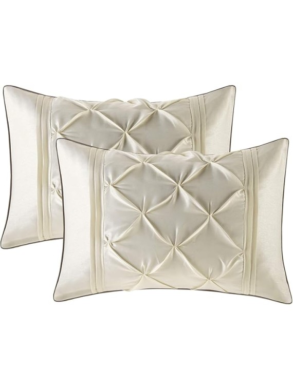 Essentials Room in a Bag Faux Silk Comforter Set - Luxe Diamond Tufting All Season Bedding, Matching Curtains, Decorative Pillows, Ivory Cal King(104"x92") 24 Piece