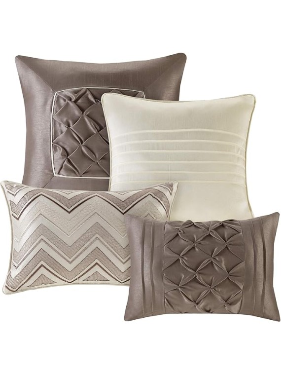 Essentials Room in a Bag Faux Silk Comforter Set - Luxe Diamond Tufting All Season Bedding, Matching Curtains, Decorative Pillows, Ivory Cal King(104"x92") 24 Piece