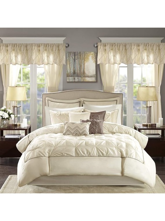 Essentials Room in a Bag Faux Silk Comforter Set - Luxe Diamond Tufting All Season Bedding, Matching Curtains, Decorative Pillows, Ivory Cal King(104"x92") 24 Piece