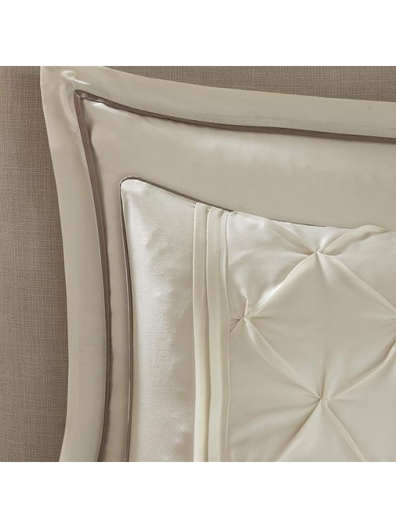 Essentials Room in a Bag Faux Silk Comforter Set - Luxe Diamond Tufting All Season Bedding, Matching Curtains, Decorative Pillows, Ivory Cal King(104"x92") 24 Piece
