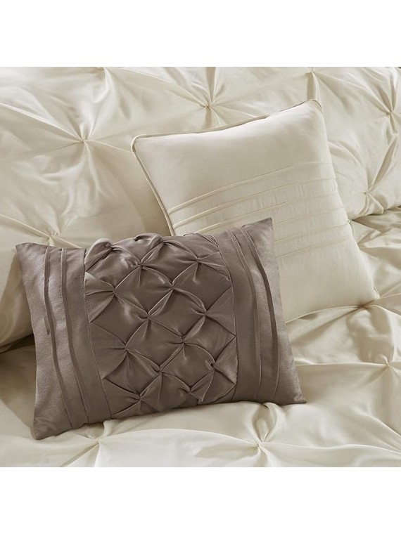 Essentials Room in a Bag Faux Silk Comforter Set - Luxe Diamond Tufting All Season Bedding, Matching Curtains, Decorative Pillows, Ivory Cal King(104"x92") 24 Piece
