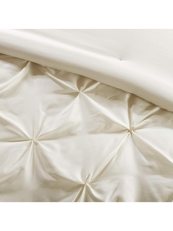 Essentials Room in a Bag Faux Silk Comforter Set - Luxe Diamond Tufting All Season Bedding, Matching Curtains, Decorative Pillows, Ivory Cal King(104"x92") 24 Piece
