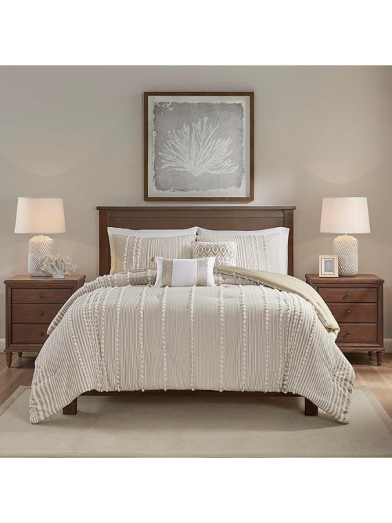 Cotton Comforter Set - Trendy Tufted Textured Design, All Season Down Alternative Cozy Bedding with Matching Shams, Anslee Pom Pom Taupe King/Cal King(110"x96") 3 Piece