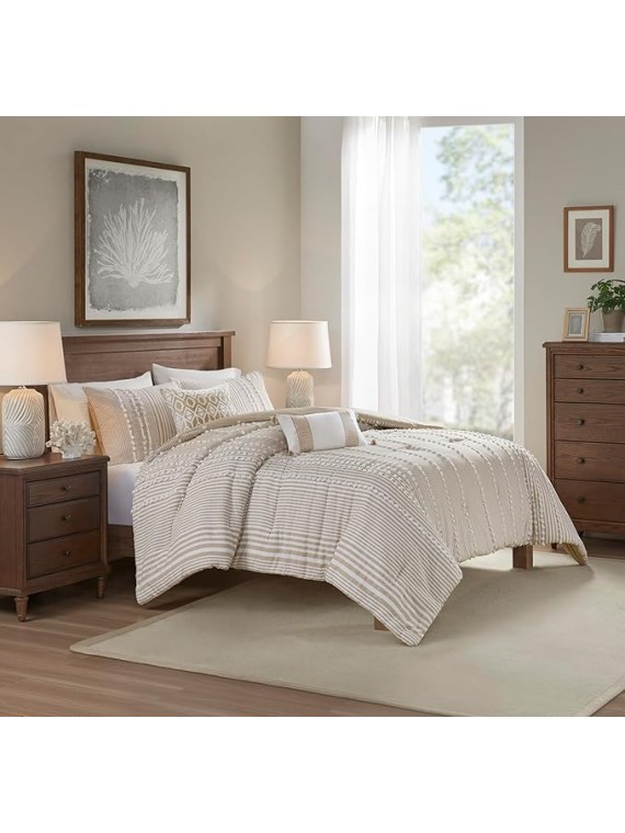 Cotton Comforter Set - Trendy Tufted Textured Design, All Season Down Alternative Cozy Bedding with Matching Shams, Anslee Pom Pom Taupe King/Cal King(110"x96") 3 Piece