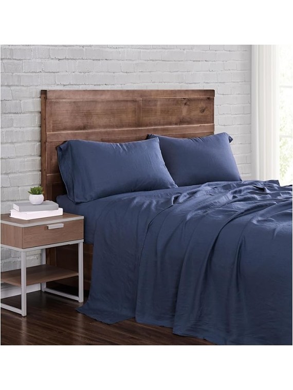 Linen Sheets Navy Blue Linen 4-Piece Queen Sheet Set, Solid Color Themed, for Men and Women, Oeko-TEX Certified Confidence