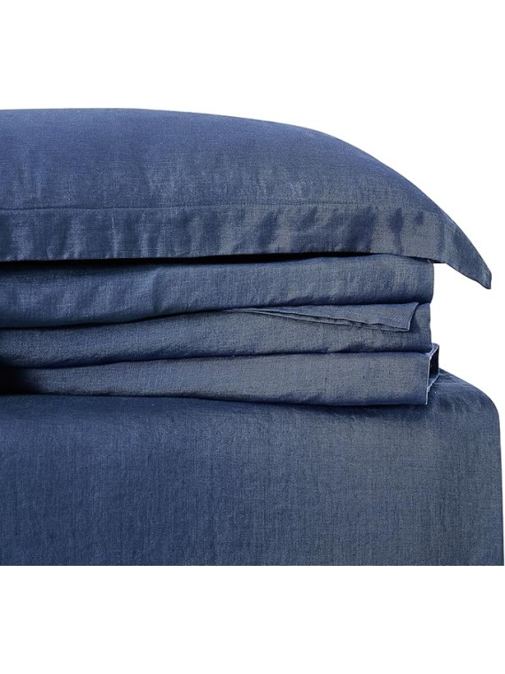 Linen Sheets Navy Blue Linen 4-Piece Queen Sheet Set, Solid Color Themed, for Men and Women, Oeko-TEX Certified Confidence