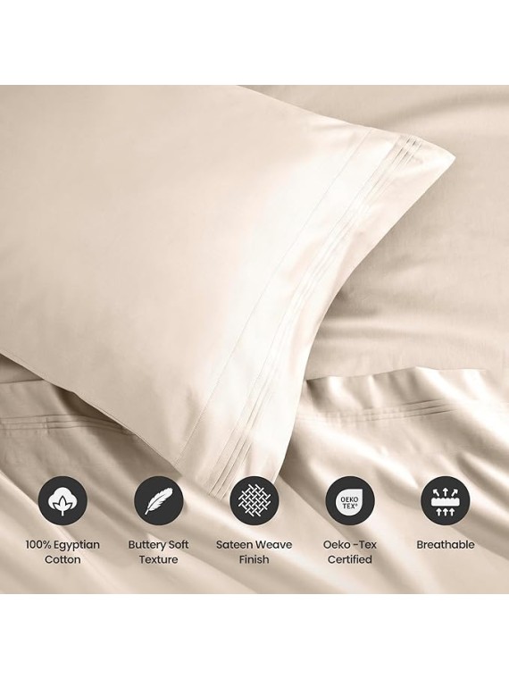 Egyptian Cotton Sheet Set. - Sarasota Premium Luxury 1500-Thread Count 100% Egyptian Cotton Bed Sheet Set Solid Deep Pocket Bedding, King Ivory