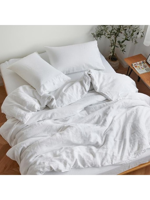 Stone Washed Organic French Linen Bed Sheet Set, GOTS Certified Organic, Best Cooling Linen Sheet Award by Sleep Foundation, 4 Piece - 2 Pillowcases, 1 Fitted and 1 Flat (Snow, King)