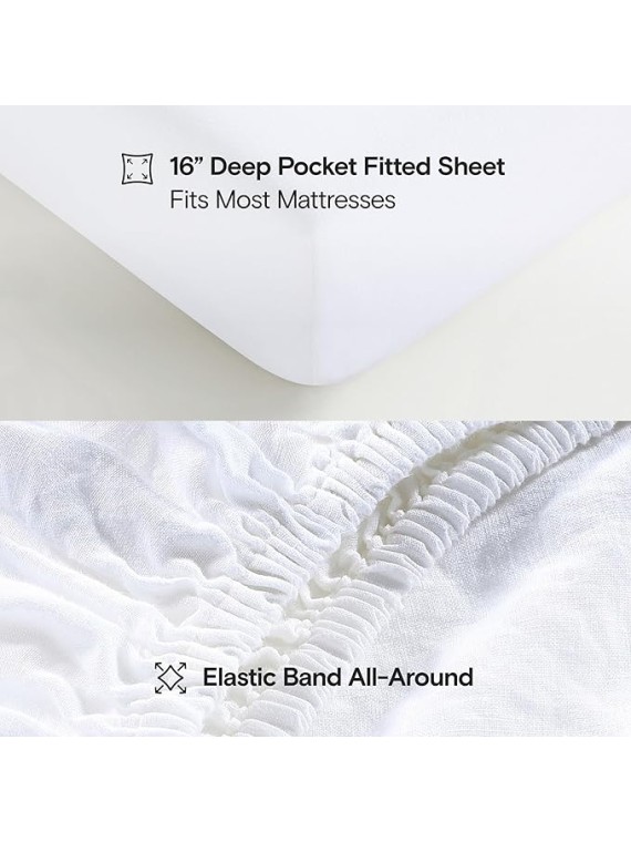 Stone Washed Organic French Linen Bed Sheet Set, GOTS Certified Organic, Best Cooling Linen Sheet Award by Sleep Foundation, 4 Piece - 2 Pillowcases, 1 Fitted and 1 Flat (Snow, King)