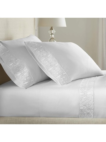 Luxury High End Embroidered 100% Certified Egyptian Cotton Sheet Set, Extra-Long Staple, Cool, Breathable, Ultra Comfort, Tone-on-Tone Scroll Embroidery, All Natural (White, King)