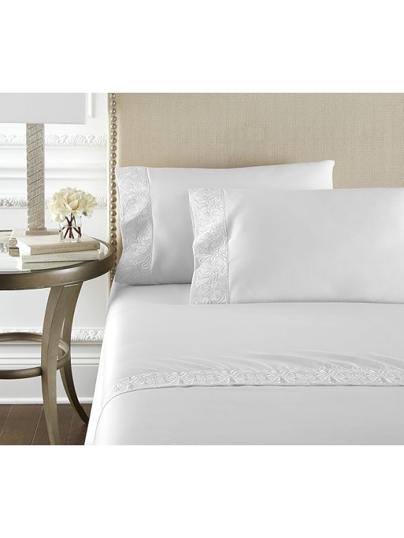 Luxury High End Embroidered 100% Certified Egyptian Cotton Sheet Set, Extra-Long Staple, Cool, Breathable, Ultra Comfort, Tone-on-Tone Scroll Embroidery, All Natural (White, King)