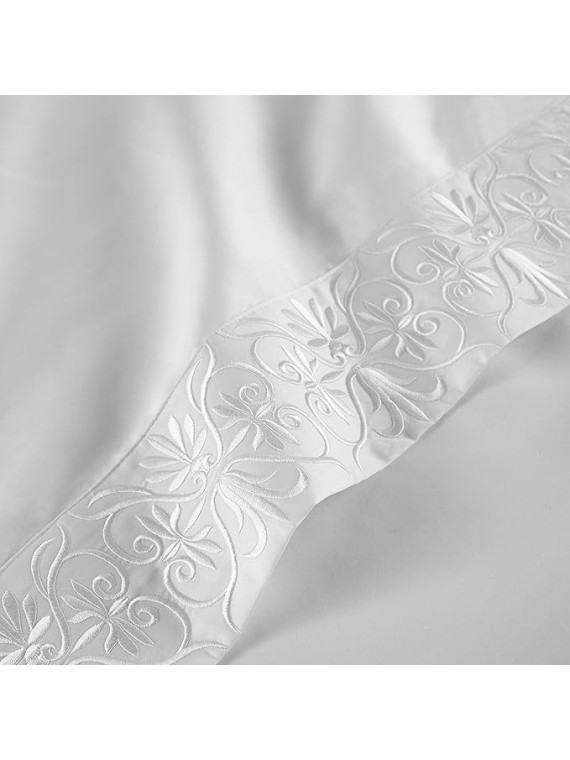 Luxury High End Embroidered 100% Certified Egyptian Cotton Sheet Set, Extra-Long Staple, Cool, Breathable, Ultra Comfort, Tone-on-Tone Scroll Embroidery, All Natural (White, King)