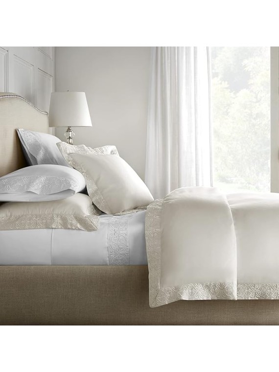 Luxury High End Embroidered 100% Certified Egyptian Cotton Sheet Set, Extra-Long Staple, Cool, Breathable, Ultra Comfort, Tone-on-Tone Scroll Embroidery, All Natural (White, King)