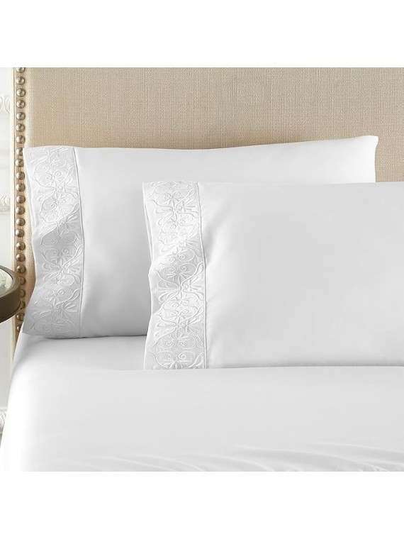 Luxury High End Embroidered 100% Certified Egyptian Cotton Sheet Set, Extra-Long Staple, Cool, Breathable, Ultra Comfort, Tone-on-Tone Scroll Embroidery, All Natural (White, King)