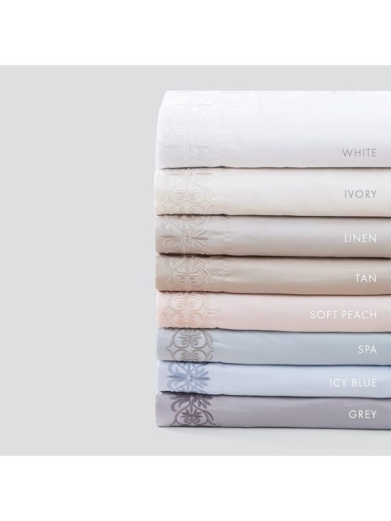 Luxury High End Embroidered 100% Certified Egyptian Cotton Sheet Set, Extra-Long Staple, Cool, Breathable, Ultra Comfort, Tone-on-Tone Scroll Embroidery, All Natural (White, King)