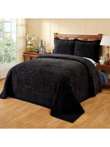 3 Piece Luxurious Tufted Textured 100% Cotton Chenille Bedspread King Size Set with Two Matching Shams - Farmhouse Bedding Set - Traditional Floral Pattern Ultra Soft Plush Black Quilt Bedspread Set