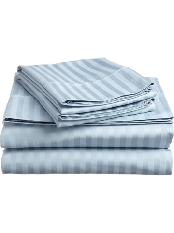 True Luxury Pure Heavy Egyptian Cotton 6-Piece Bed Sheets Set King Size Fits mattresses Upto 26-28” deep Pocket – Sateen Weave (Stripe, Light Blue)