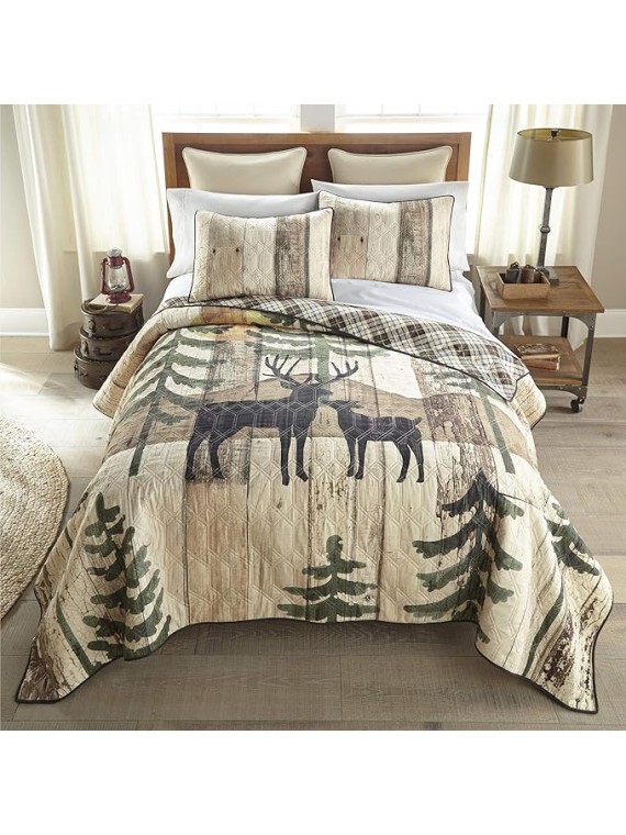 King Bedding Set - 3 Piece - Painted Deer Lodge Quilt Set with King Quilt and Two Standard Pillow Shams - Machine Washable