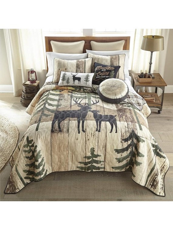 King Bedding Set - 3 Piece - Painted Deer Lodge Quilt Set with King Quilt and Two Standard Pillow Shams - Machine Washable