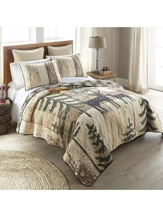 King Bedding Set - 3 Piece - Painted Deer Lodge Quilt Set with King Quilt and Two Standard Pillow Shams - Machine Washable