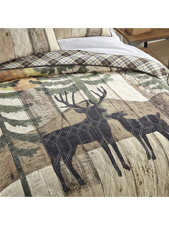King Bedding Set - 3 Piece - Painted Deer Lodge Quilt Set with King Quilt and Two Standard Pillow Shams - Machine Washable