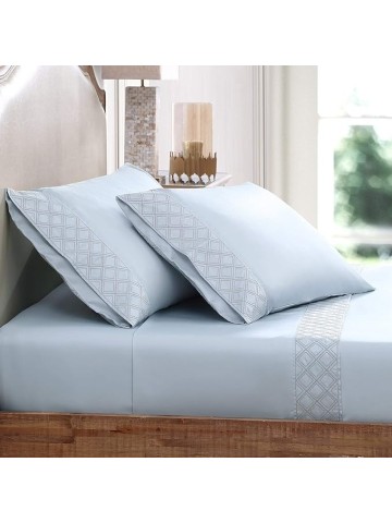 Hotel Hira Sateen Sheet Set, 100% Long Staple Certified Giza Egyptian Cotton, Deep Pocket, Cool, Breathable, Diamond Embroidery, Natural, Sustainable, Flat, Fitted, 2 Pillowcases (Spa, Cal King)