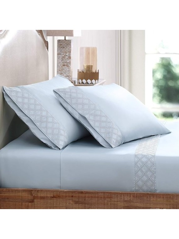 Hotel Hira Sateen Sheet Set, 100% Long Staple Certified Giza Egyptian Cotton, Deep Pocket, Cool, Breathable, Diamond Embroidery, Natural, Sustainable, Flat, Fitted, 2 Pillowcases (Spa, Cal King)