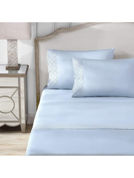 Hotel Hira Sateen Sheet Set, 100% Long Staple Certified Giza Egyptian Cotton, Deep Pocket, Cool, Breathable, Diamond Embroidery, Natural, Sustainable, Flat, Fitted, 2 Pillowcases (Spa, Cal King)