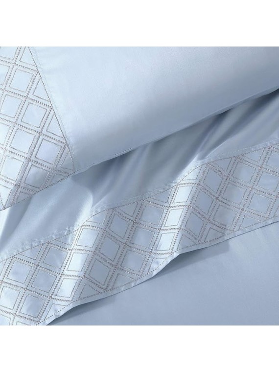 Hotel Hira Sateen Sheet Set, 100% Long Staple Certified Giza Egyptian Cotton, Deep Pocket, Cool, Breathable, Diamond Embroidery, Natural, Sustainable, Flat, Fitted, 2 Pillowcases (Spa, Cal King)