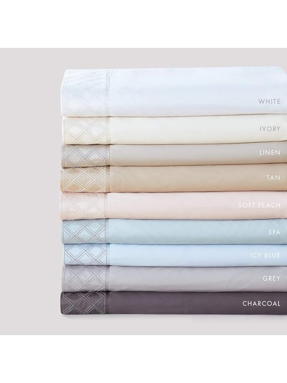 Hotel Hira Sateen Sheet Set, 100% Long Staple Certified Giza Egyptian Cotton, Deep Pocket, Cool, Breathable, Diamond Embroidery, Natural, Sustainable, Flat, Fitted, 2 Pillowcases (Spa, Cal King)