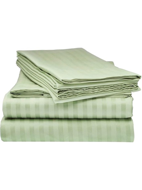 True Luxury Pure Heavy Rich Supima ELS Cotton 4-Piece Bed Sheets Set Grand King Size Fits mattresses Upto 21-24” deep Pocket – Sateen Weave (Stripe, Sage Green)
