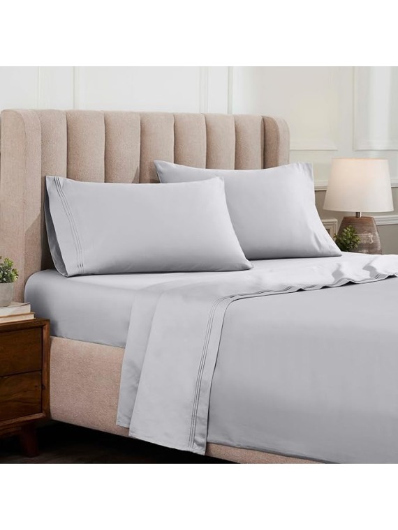 Egyptian Cotton 4 Piece Sheet Set, Luxury 1500 Thread Count, Modern Design, Sustainable Sheets, Ultra-Soft Basics, Solid, Deep Pocket Fitted Sheet, Flat Sheet, Pillowcases, King, Platinum